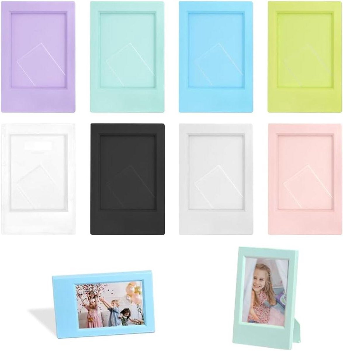 Set van 8 kleurrijke mini fotolijstjes met standaard