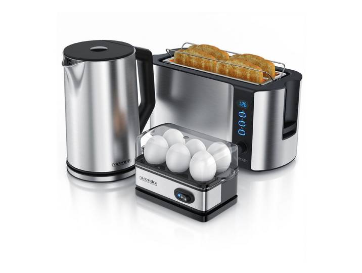 Arendo Frühstücks-Set Wasserkocher 1,5l, 4-Scheiben Toaster, 6er Eierkocher, Silber (3-tlg), Edelstahl, BPA-frei, GS-geprüfte Sicherheit, fürs Familienfrühstück