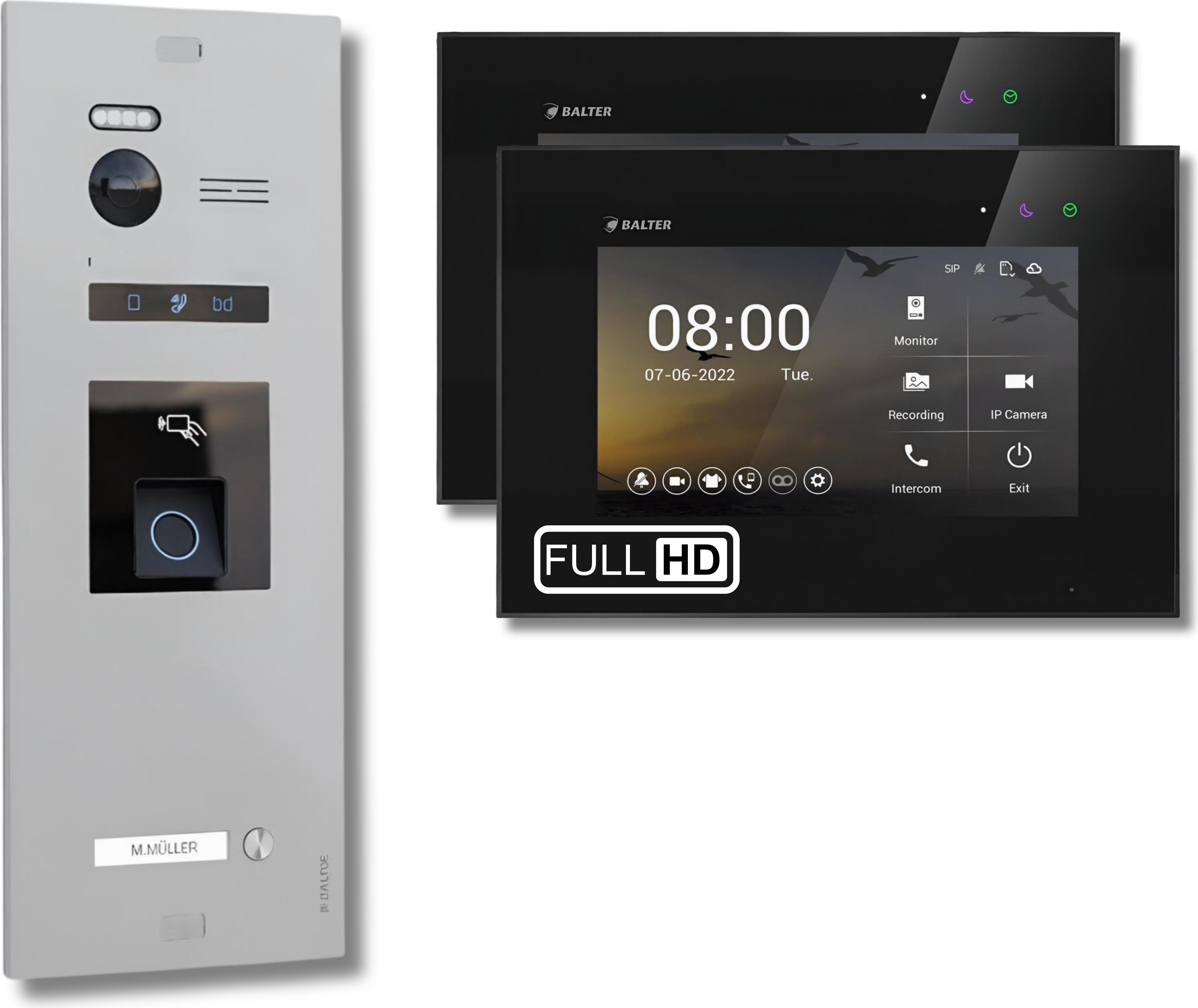 BALTER EVO HD Silber Video Türsprechanlage Fingerprint Set 1 Teilnehmer 2x7" Monitor Schwarz
