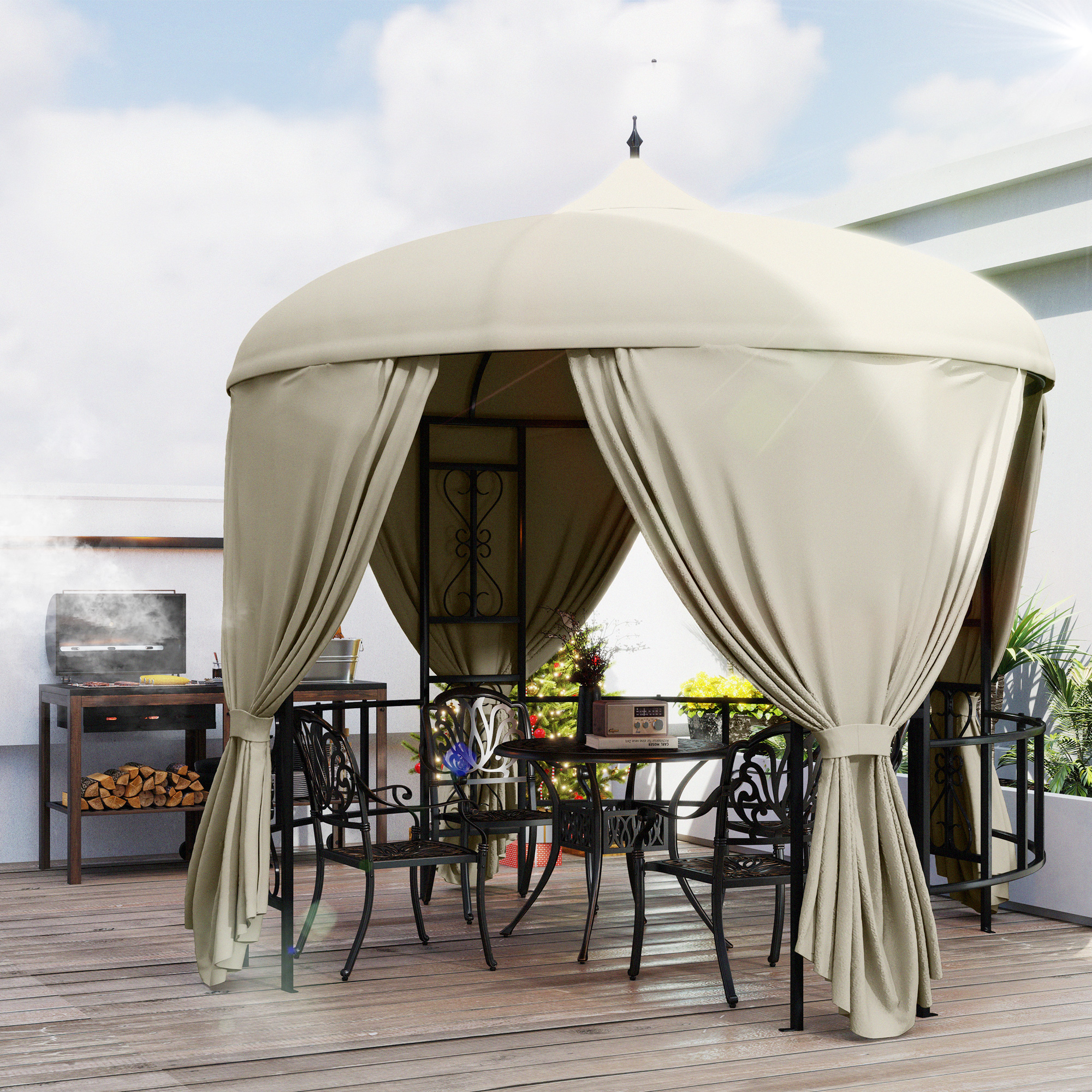 Outsunny Gazebo da Esterno Ø3m in Metallo con Rivestimento in PU Anti-UV, Gazebo da Giardino Rotondo con Tende, Beige Aosom
