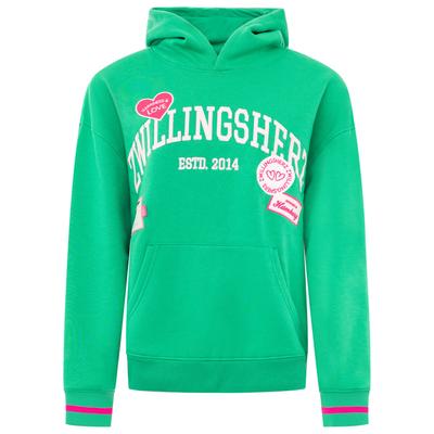 Hoodie ZWILLINGSHERZ "Zwillingsherz Patches", Damen, Gr. M, grün, Obermaterial: 50% Baumwolle, 50% Polyester, Sweatshirts Hoodie, Oversize-Fit, Kapuze, großer Schriftzug und Patches, Kängurutasche