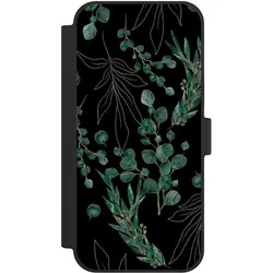 Nivocase Klapphülle für Apple iPhone 15 Plus Handyhülle aus Kunst Leder NIVOflip schwarz Blätter Natur (Apple iPhone 15 Plus), Smartphone Hülle, Schwarz