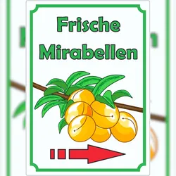 HB-Druck Frische Mirabellen Aufkleber Hochkant mit Pfeil rechts A5 (148x210mm)