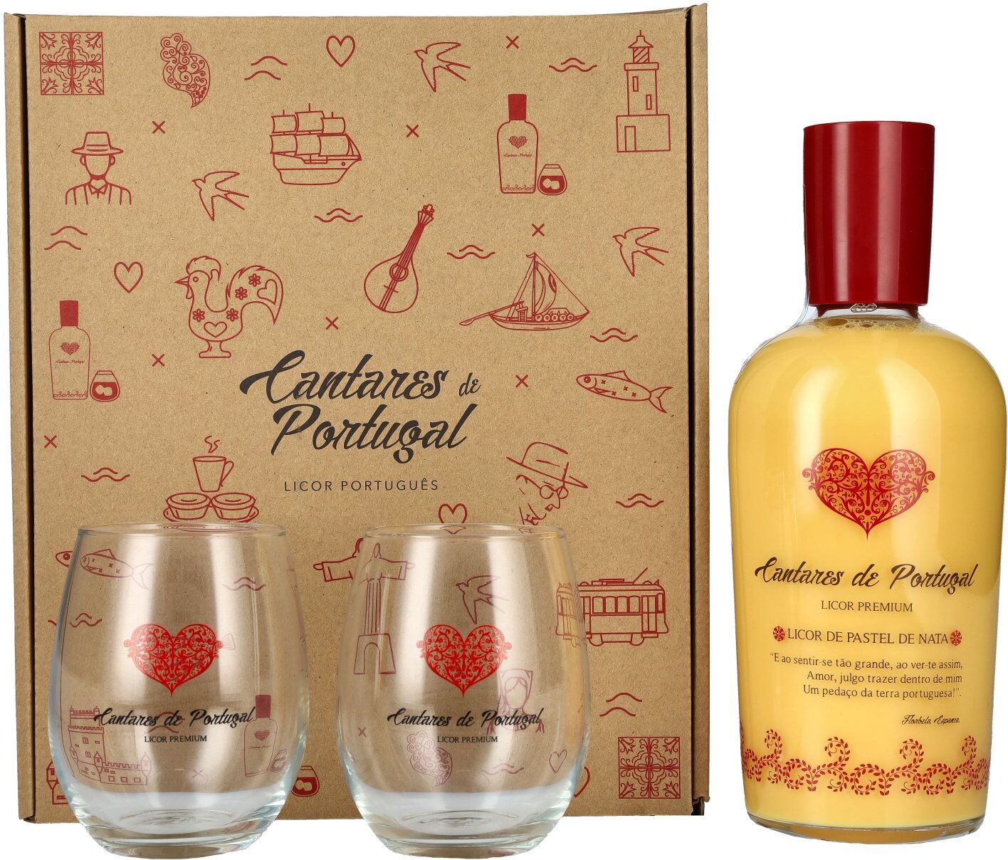 Cantares de Portugal Licor de Pastel de Nata 15% Vol. 0,7l in Geschenkbox mit 2 Gläsern