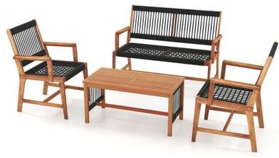 Costway 4 Pieces Acacia Wood Patio Conversation Table and Chair Set with Hand Woven Rope