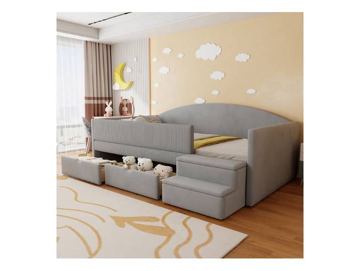 Odikalo Kinderbett 90×190 Polsterbett Schlafsofa Multifunktion Stufen Zäunen Mehrfarbig