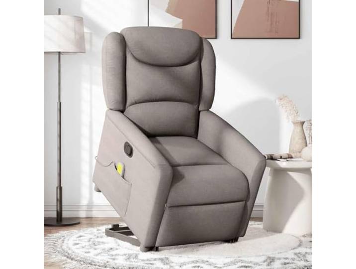 Klappbarer Massagestuhl mit Hebe, Taupe, mit Fernbedienung, für Senior Verstellbar bis 135 Grad, 6 Massagepunkte, Holz-Metallrahmen, Getränkehalter, Seitentasche