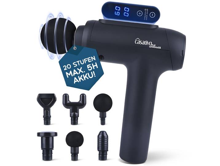 Profi Massage-Pistole mit 6 Köpfen & 20 Intensitätsstufen, Akkubetrieb