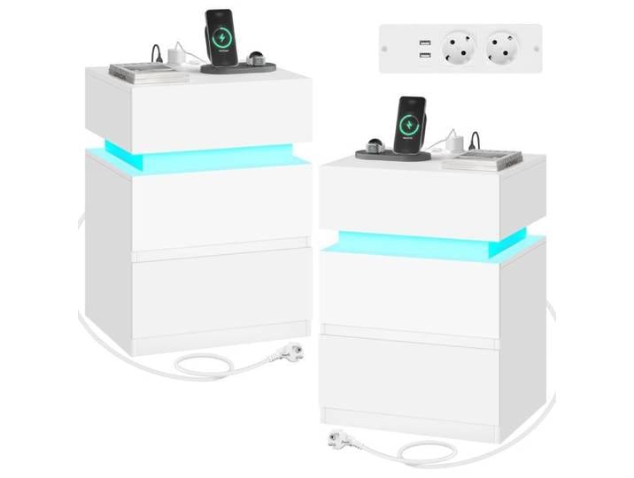 Lot de 2 Tables de Chevet avec Station de Charge- Table de Chevet Connectée-LED-2 Prises- 2 Ports USB- 2 Tiroirs-1 Casier-Blanc