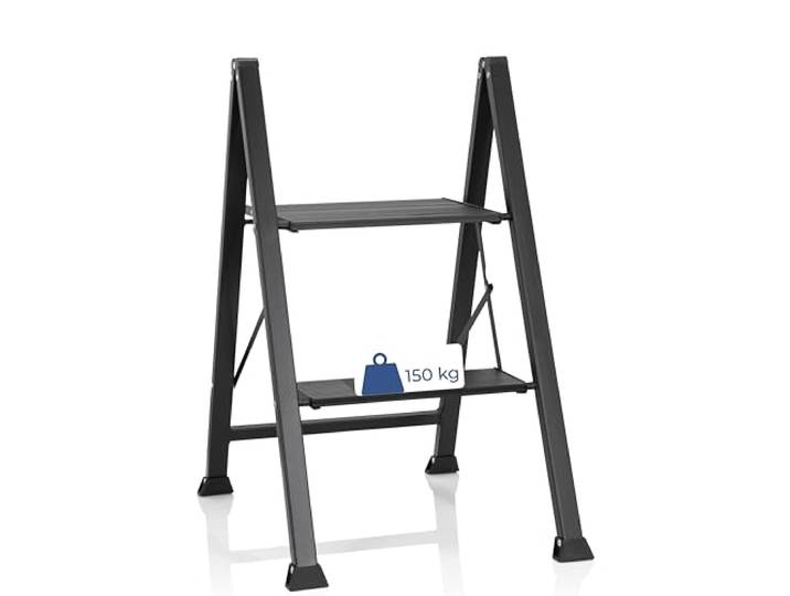 hjh OFFICE 801204 Escabeau Pliable 2 marches Solid W5 Acier Escabeau\, Charge Max. 150 kg\, marchepied Pliable\, Noir