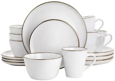 Elama Arthur 16 Piece Stoneware Dinnerware Set in Matte White with Gold Rim - 16 Piece Set