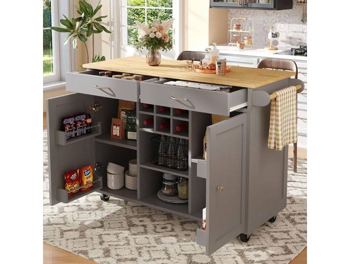 Desserte de Cuisine Ilot Central Armoire chariot de service avec veinure de bois Gris - 102×45×92 cm