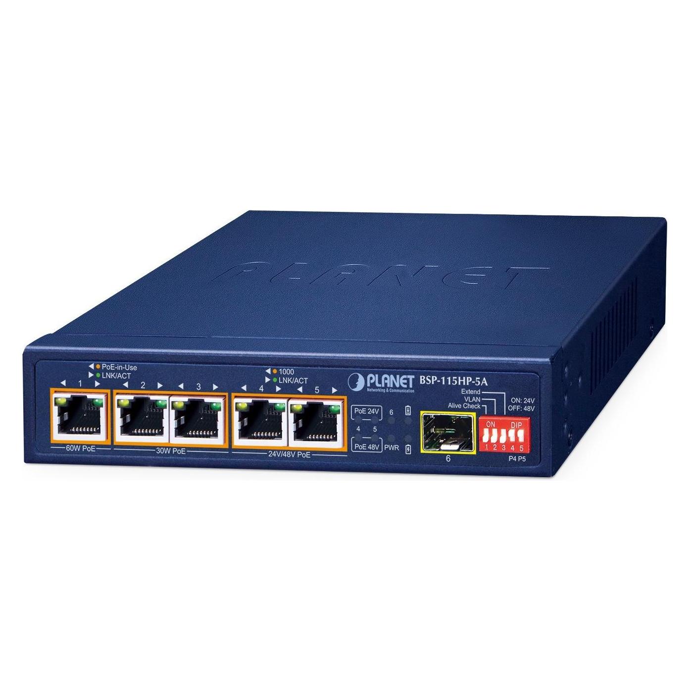 Planet 5-Port Hybrid PoE Solar Switch + 1-Port SFP BSP-115HP (5 Ports) (BSP-115HP-5A)