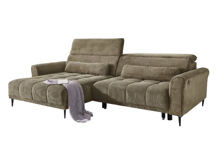 Ecksofa Cord grün elektrisch ausfahrbar 277 cm - OT links - LOGAN