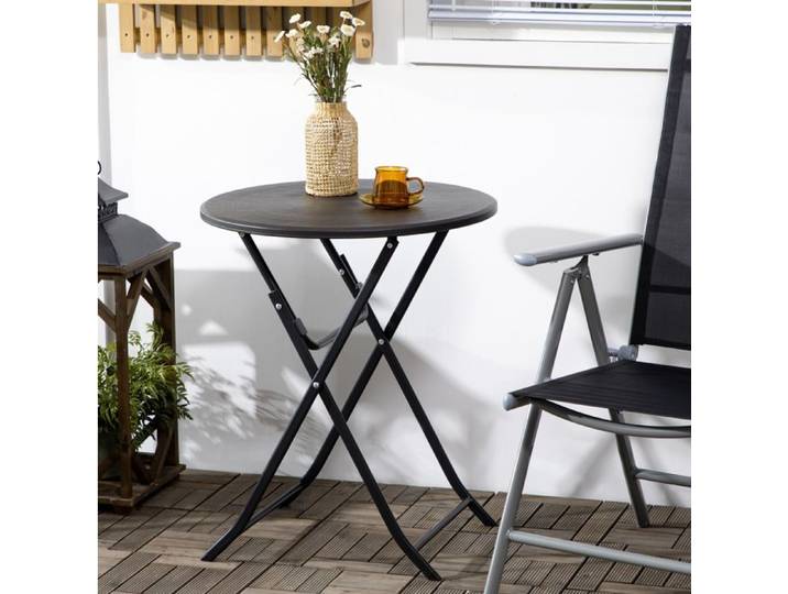 Table de Jardin Ronde Pliante pour 4 Personnes - MEUNIQ - Imitation Bois Gris Foncé Acier Ø60 × 73 cm
