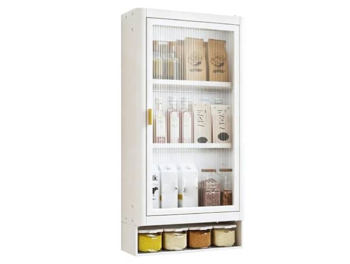 Wandschrank Küche, 3 Ebenen, mit Gewürzregal, Küchenschrank Hängend Kohlenstoffstahl, Polycarbonat-Tür, Einzelne Klapptür (nach Oben Öffnend), Verstellbare Regalhöhe(White,30cm/12in)