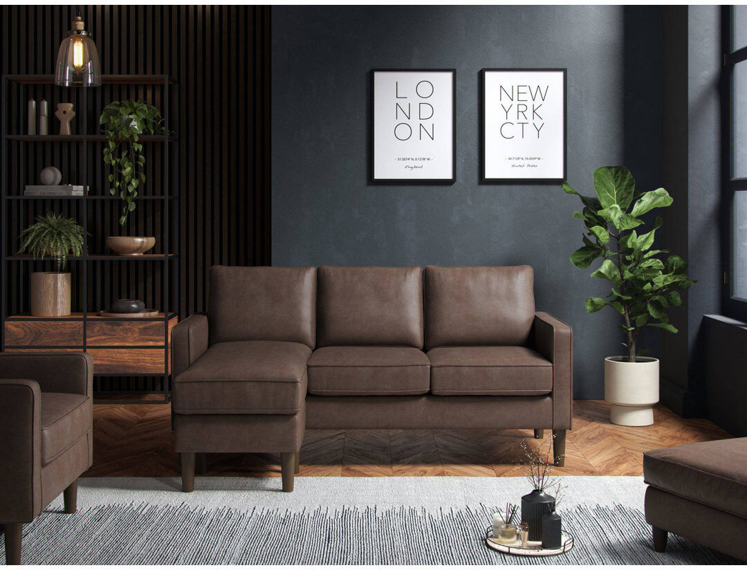 17 Stories Henry 3 Seater Faux Leather Sofa & Chaise Brown 82cm H X 180cm W X 75cm D
