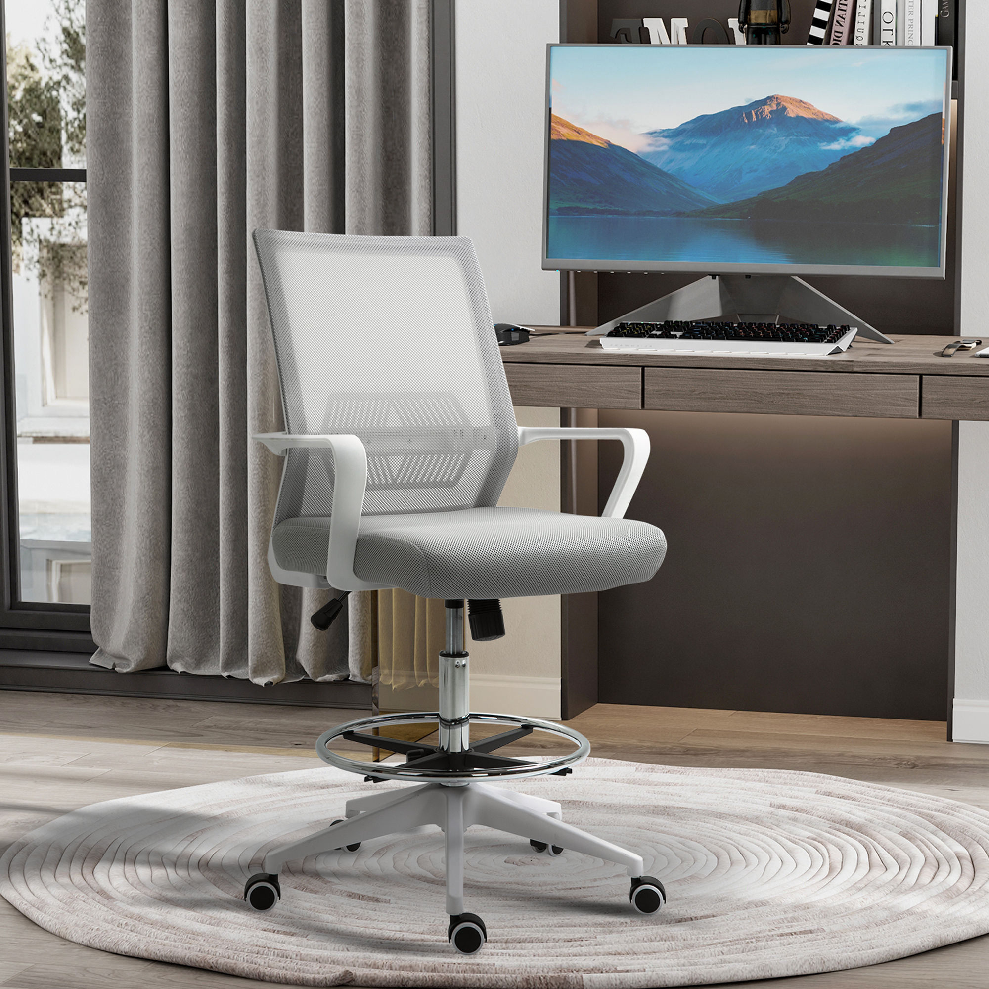 Vinsetto Sedia da ufficio poltrona da ufficio altezza regolabile dim. 64L x 59P x 104-124H cm sgabello da ufficio girevole 360° maglia traspirante grigio e bianco