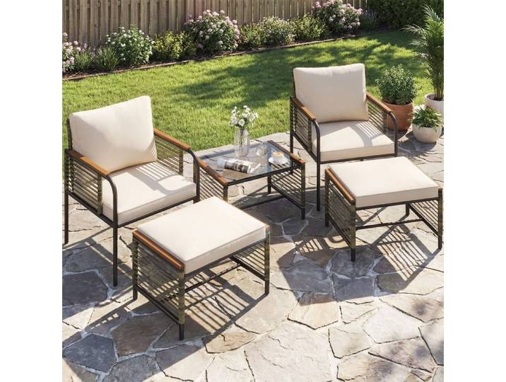 Ensemble de Salon Extérieur 5 PCS COSTWAY Chaises de Jardin en Rotin PE Table Basse en Verre Trempé 2 Ottomanes Coussins Blanc
