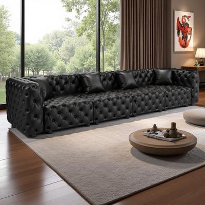 ZWYO HOSIMU "134.4"" Faux Leather Button Tufted Modular 4-Seater Sofa with 4 Pillows for Living Room, Apartment"