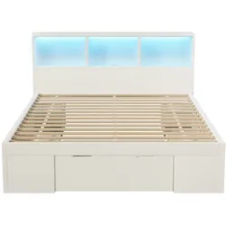 MODFU Holzbett Weiß 140x190 cm mit Stauraum, LED-Beleuchtung und 2 beweglichen Nachttischen