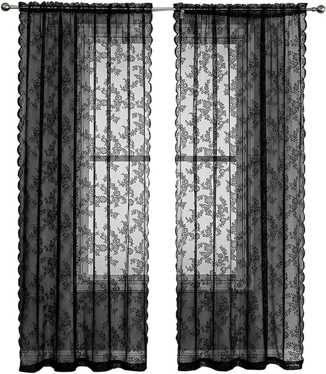 Zwarte kanten gordijnen met bloemenpatroon, lichtdoorlatend en ademend, 150 x 180 cm