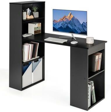 Costway Computer Desk Writing Workstation Office with 6-Tier Storage Shelves-Black