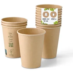 BIOZOYG 250 Stück Einwegbecher 300ml / 12oz Pappbecher, Kaffeebecher, ungebleicht, ökologisch, kompostierbar, umweltschonend für Coffee to Go