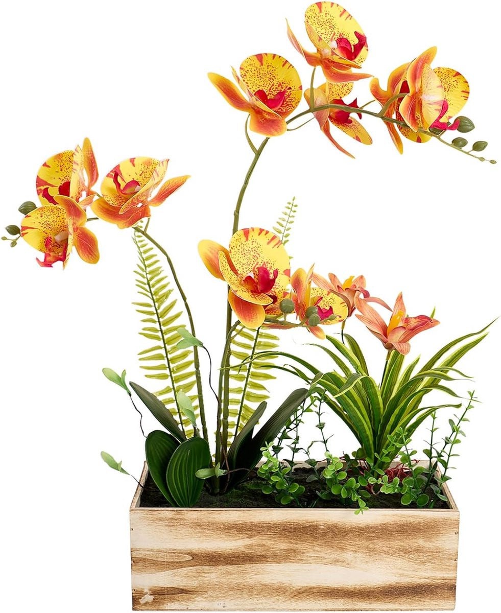 Realistische Kunst Orchidee met Rustieke Pot - Gele Phalaenopsis Nepbloemen