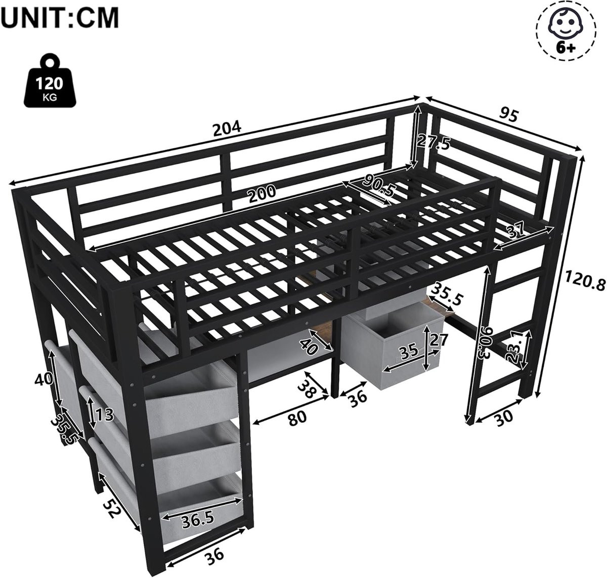 Zwart metalen halfhoog bed met geïntegreerde LED-verlichting, 90 x 200 cm