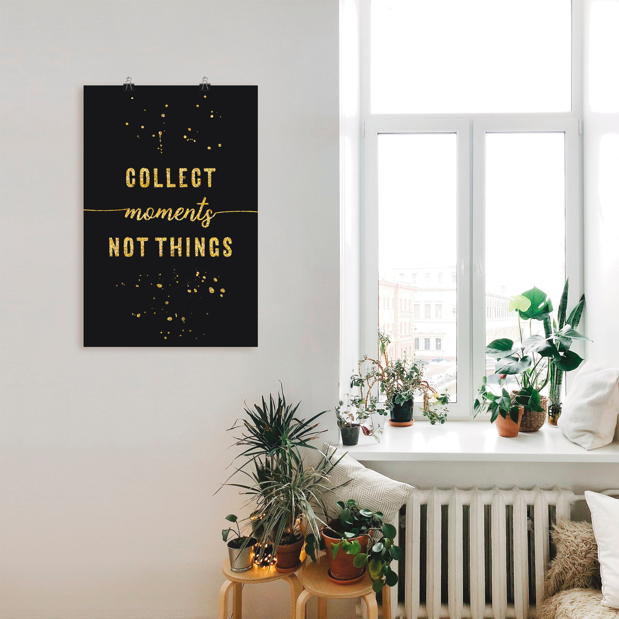 Poster ARTLAND "GOLD Sammle Momente, keine Dinge", schwarz (farbe bild(er): schwarz), B:20cm H:30cm, Bilder, Poster, ohne Rahmen farbe bild(er): schwarz B/H/T: 20cm x 30cm, Poster Sprüche & Texte Hochformat, 1 Stk.
