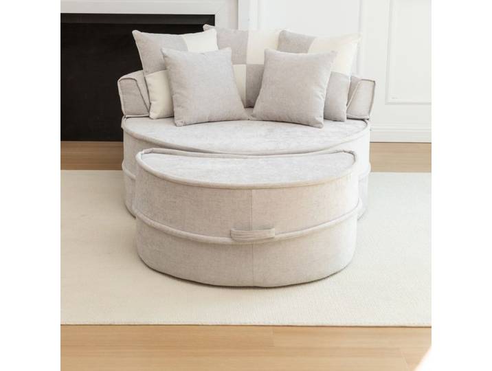 Canapé 1 place - Canapé 1 place (rond) - Forme ronde - 5 coussins + ottoman - Housse déhoussable chenille gris