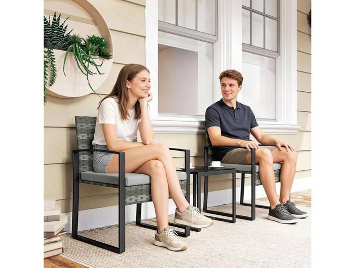 Ensemble de patio - Ensemble bistrot rotin 3 pièces - 2 fauteuils + table - Coussins amovibles - Résistant intempéries et UV