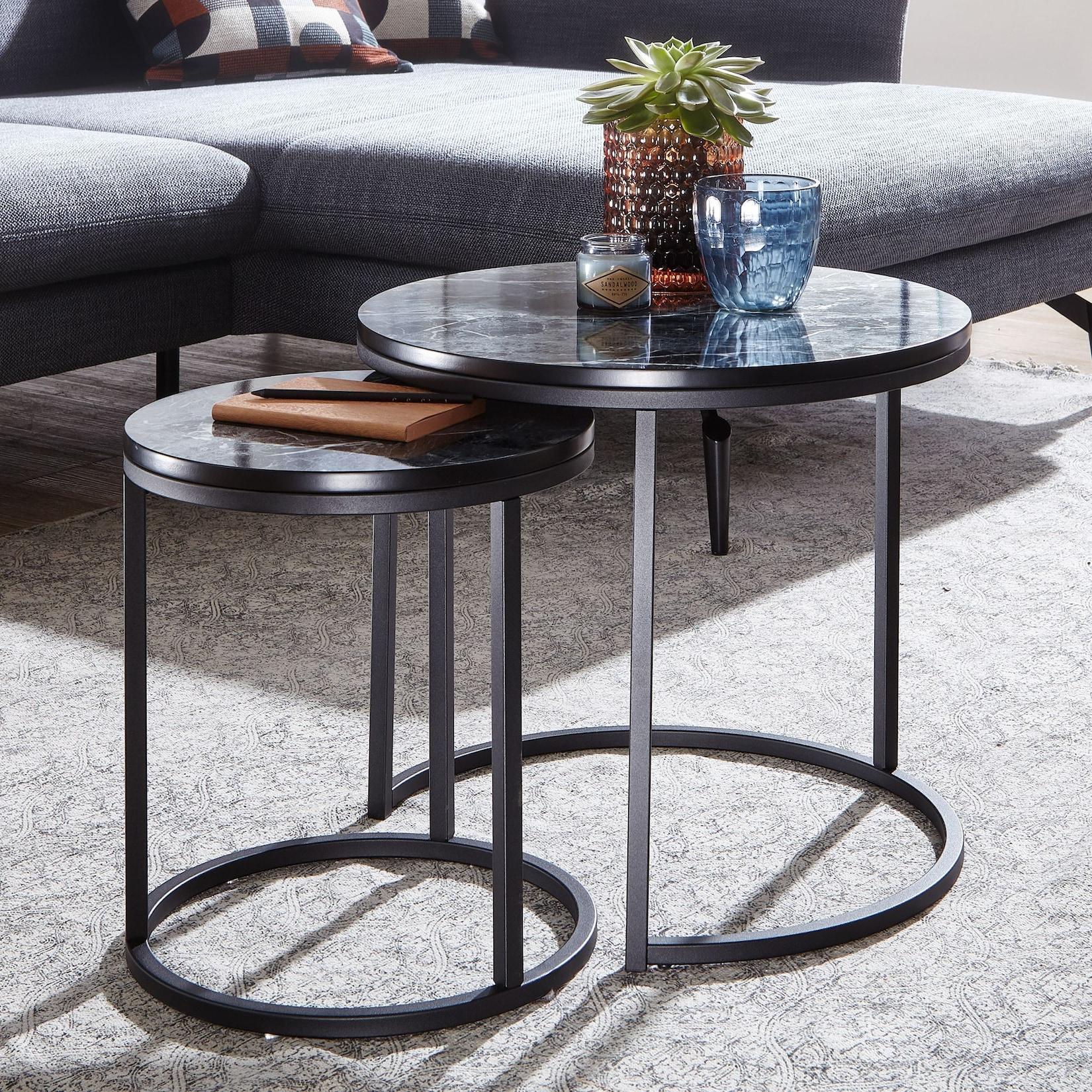 FineBuy Beistelltisch 2er Set Couchtisch Marmor Optik Wohnzimmertisch Rund Tisch