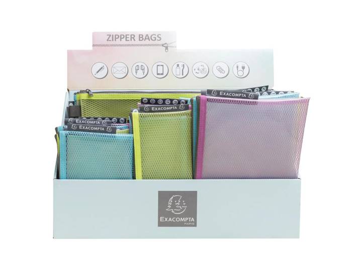 EXACOMPTA Présentoir de Pochette à fermeture éclaire en plastique souple Pop'N Co - Couleurs assorties