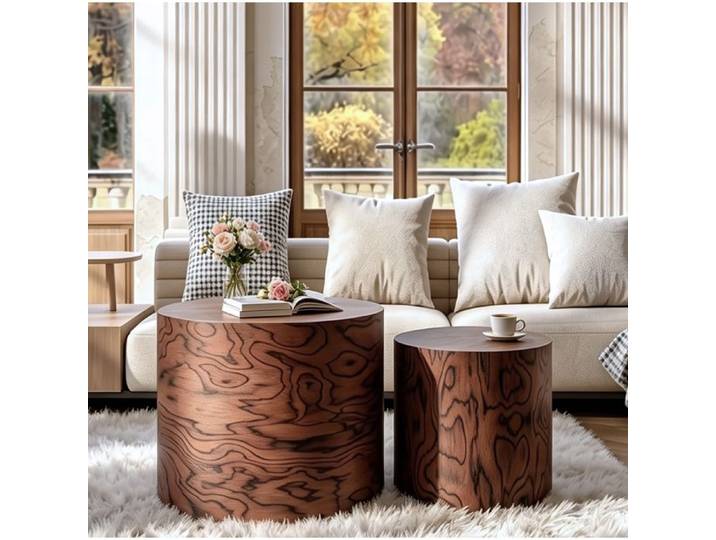Table basse gigogne ronde – lot de 2 – effet bois – marron foncé – sans montage