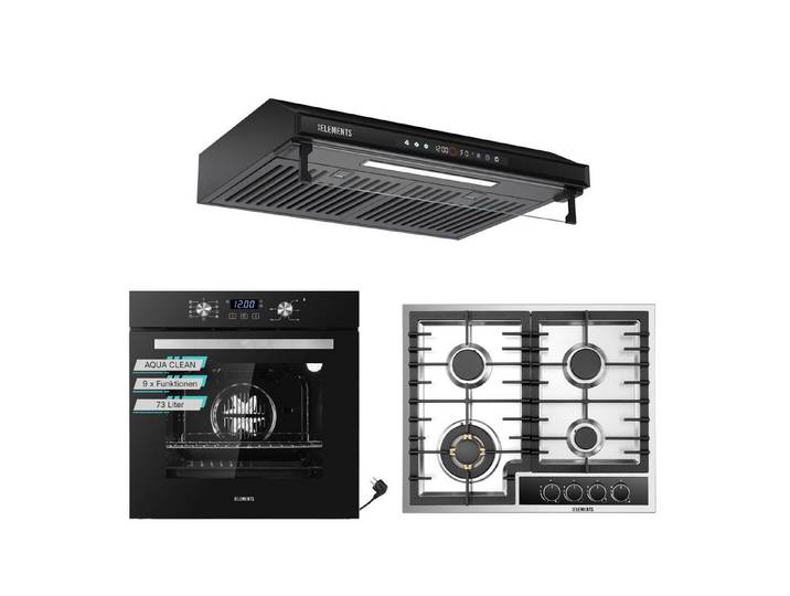 KB Elements Backofen-Set Einbaubackofen 60 cm mit Gaskochfeld 4 Flammig, Steam Clean, Air Fry, Steam Clean, 8 kW Gaskochfeld, Edelstahl 304
