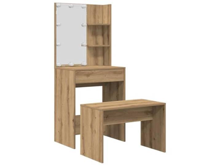 Schminktisch-Set mit LED-Beleuchtung aus Eiche und Holz LED-Spiegel, 3 Lichtfarben, einstellbare Helligkeit, große Aufbewahrung, Wandbefestigungen, USB-Anschluss 5 V