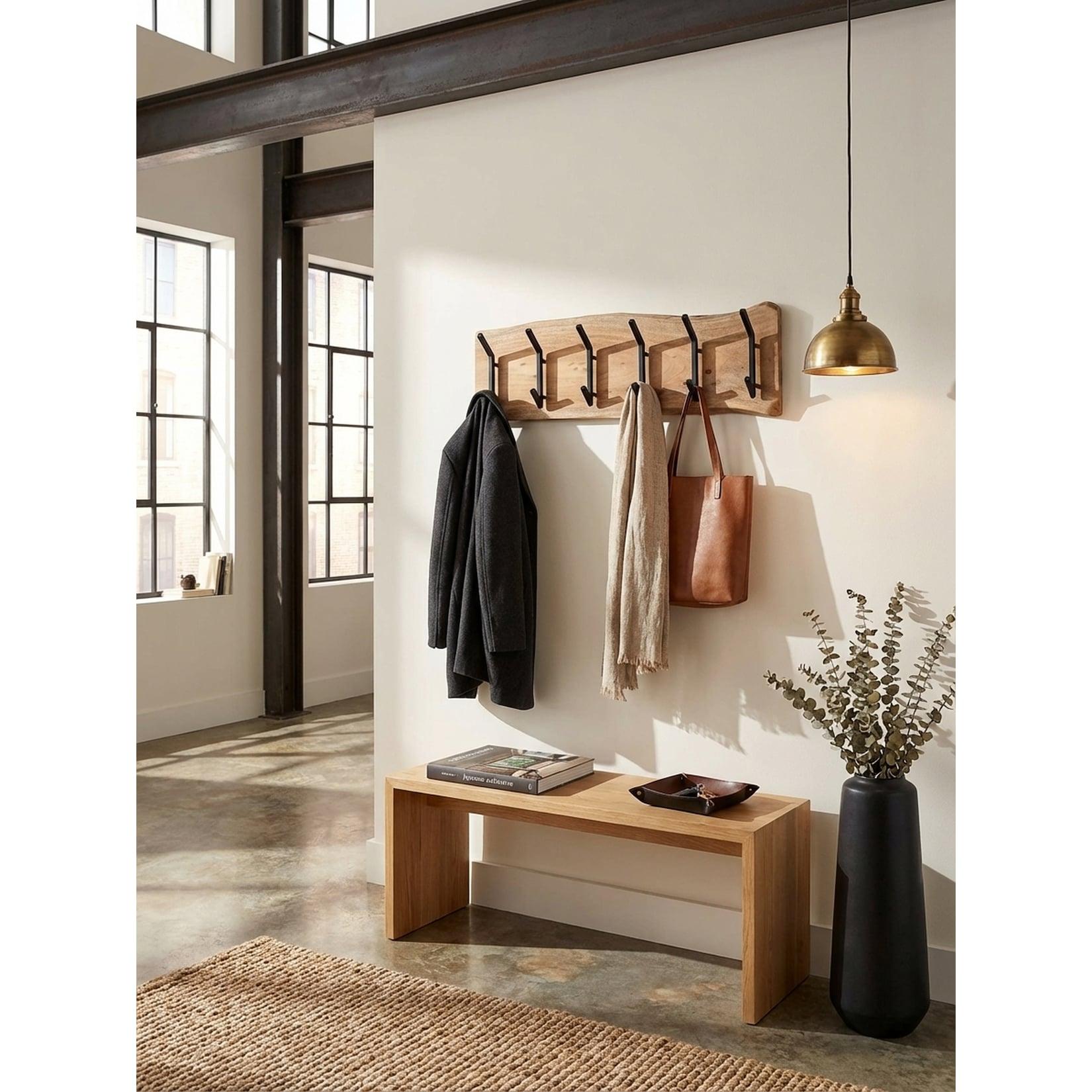 Wandgarderobe Akazie Massivholz Metall Modern 100x29x12,5 cm mit Hakenleiste