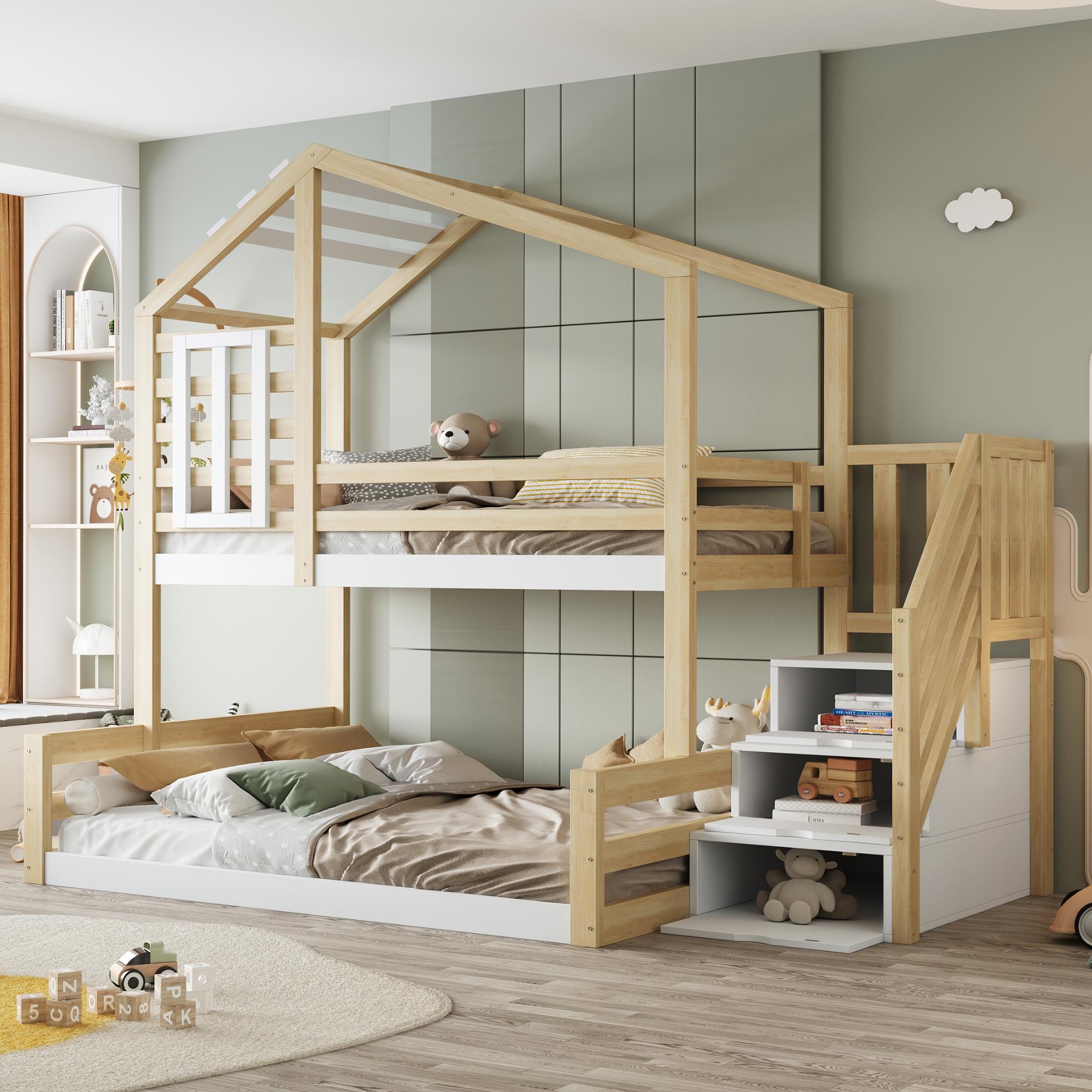 Etagenbett 90x200/140x200 cm mit Stauraumtreppe, Hausdesign mit Fenster, Geländer, Kiefernholz und MDF, Natur