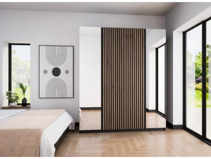 AX Living Nehir Schrank 200 cm Schwarz, Spiegel außen + Lamellen 2 Spiegel außen; 2 Lamellen mittig – Stauraum mit Stil.