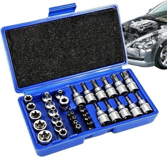 Dopsleutel Set E-Type Steeksleutel voor Auto Onderhoud 34-Delige Set Zilverkleurig