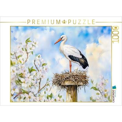 CALVENDO Puzzle Weißstorch auf dem Horst im Frühling Aquarellmalerei | 1000 Teile Lege-Größe 64x48cm Foto-Puzzle für glückliche Stunden