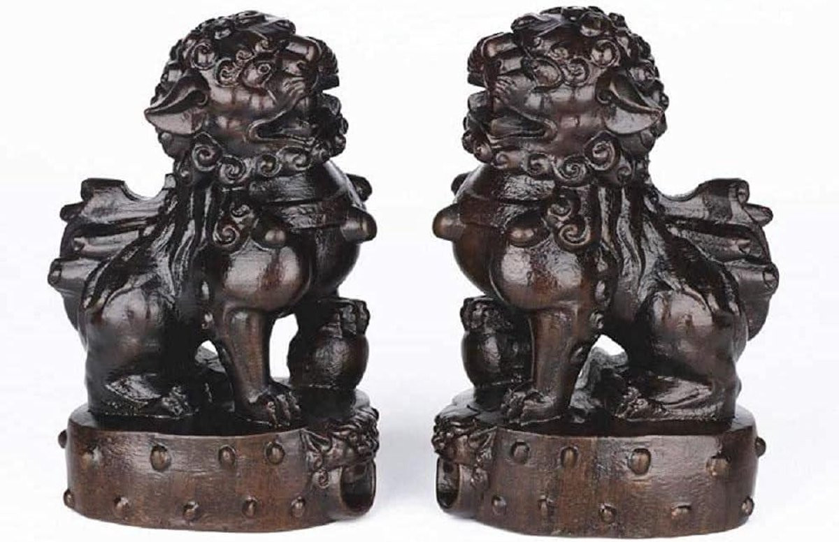 Zwart Handgesneden Leeuwen Ornament Decoratie Beeldje Hoogte: 13.5 cm
