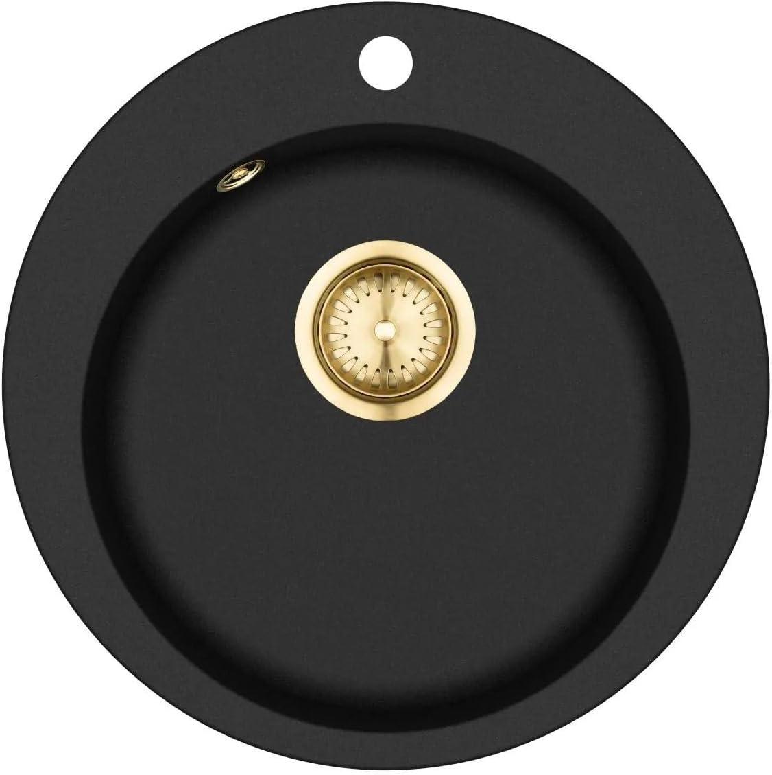 Küchenspüle SR 100-601 W, Einbau Granitspüle im Retro-Design in Schwarz metallic mit Goldakzenten