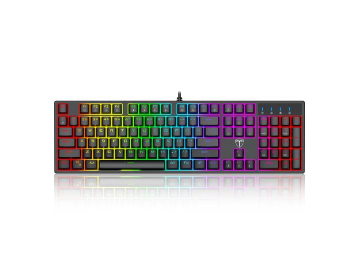 【Cadeau de souris offert】Clavier de jeu mécanique filaire 100 % ET, disposition QWERTY US, clavier filaire USB à interrupteurs bleus, 20 modes d'éclairage RVB, clavier complet à 104 touches, anti-ghosting et résistant aux éclaboussures, LED arc-en-ciel po