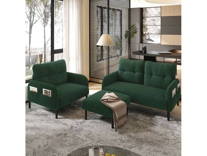 Ensemble Canape 3 Pieces Cord Vert Salon Modulable FloraGrace Pour Petit Espace Poche Laterale 120x75x79-67x75x79-56x51x39cm