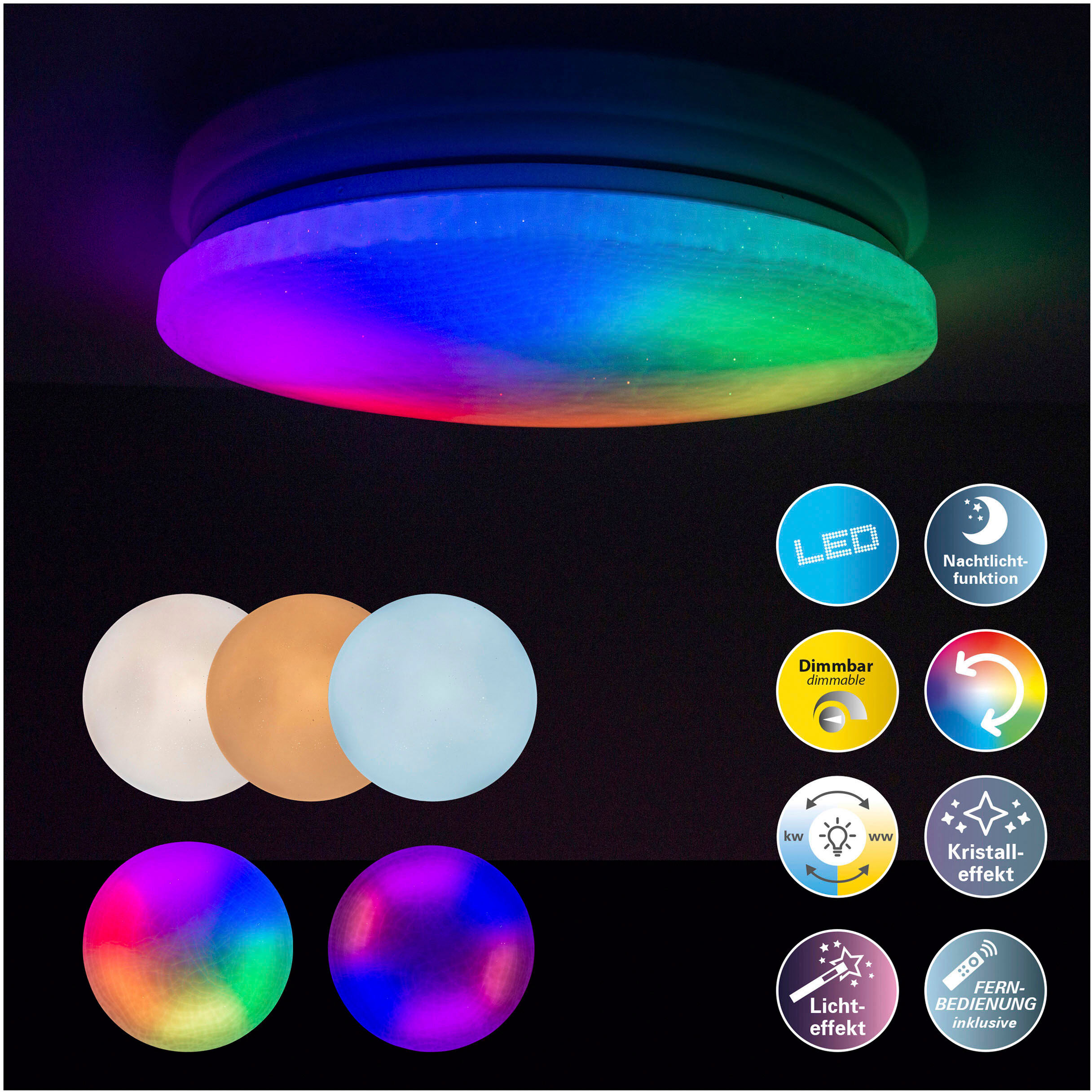 NÄVE LED Deckenleuchte "Sligo", bunt, 1, Ø 38cm H: 6,5cm, 1 Stk., Leuchten, Kristalleffekt, dimmbar, Nachtlicht, CCT, Farbwechsler, Fernbedienung, LED Deckenleuchte