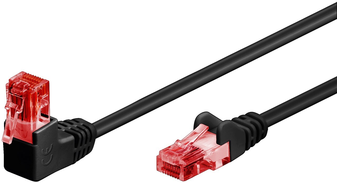 100x Goobay 51516 CAT 6 Patchkabel, 1x mit 90° Winkel, U/UTP, schwarz, 2 m - Kupferummantelter Aluminiumleiter (CCA), mit Stecker oben