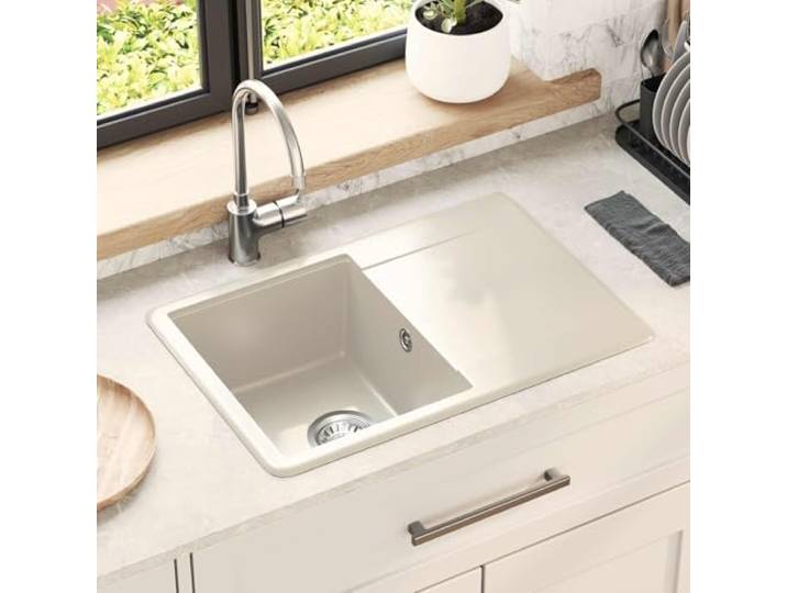 Küchenspüle 80% Quarz 20% Harz 670 x 460 mm Beige Einzelbadewanne, oberste Installation, Ablaufgarnitur mit Korbauslauf, kratzfest und schmutzabweisend, für den Innenbereich